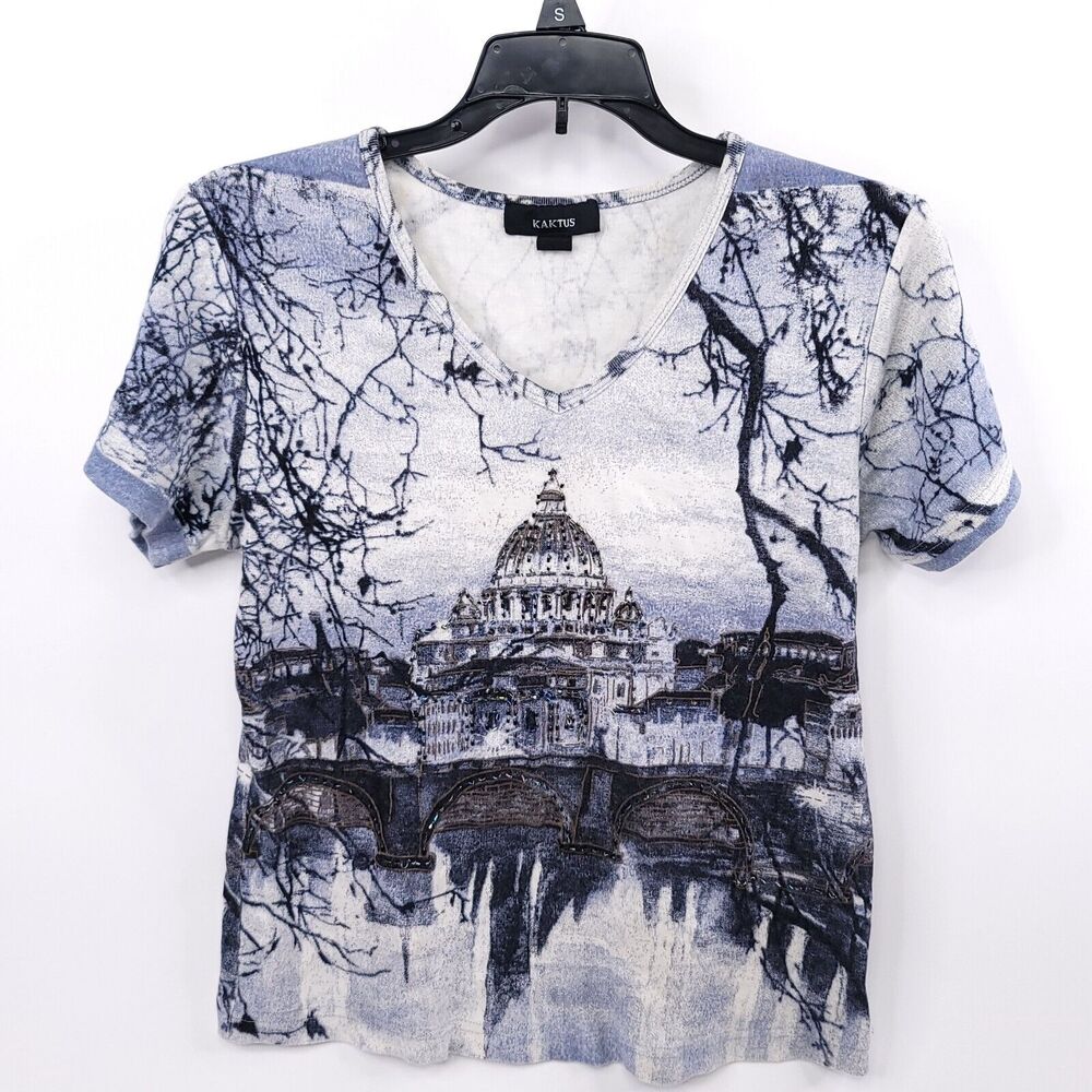 Kaktus Shirt Womens Medium Beaded Short Sleeve St Peter's Basilica Stretch Top - Picture 5 of 9